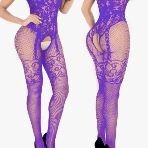 Purple Floral Pattern Fishnet Bodysuit - Picture 3 of 7
